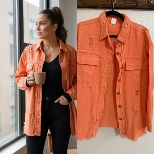 Orange Distressed Denim Shacket Jacket Overshirt Raw Hem Medium